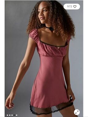 UO Kimchi Blue | Ana Cap Sleeve Mesh Mini Dress Pink Black Lace Vicose - Size L